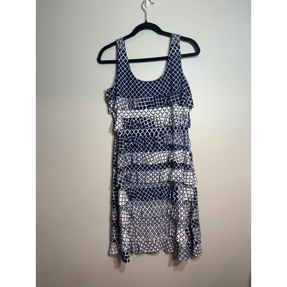 Tango Mango Collection‎ Navy Blue White Geometric Tiered Ruffle Dress Large